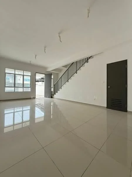 Living features: white painted walls, glossy ceramic tile flooring, recessed downlights, floor-to-ceiling windows, black metal staircase, single door, ventilation grille, open layout; style: modern.