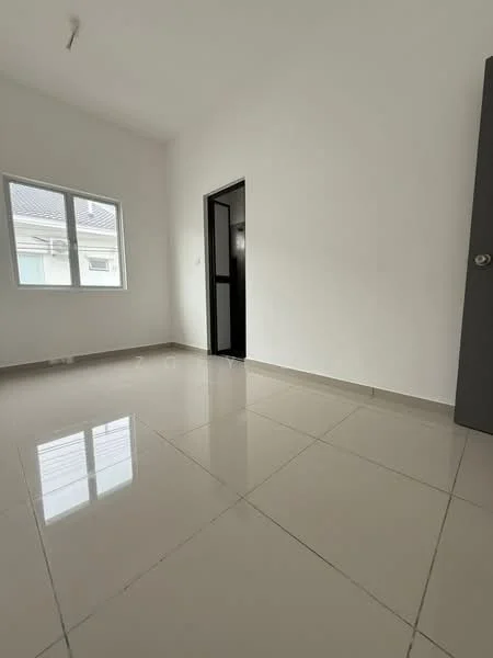 Room features: white painted walls, glossy ceramic tile flooring, floor-to-ceiling window, black door, neutral color scheme, no visible furniture, natural light from window; style: modern.