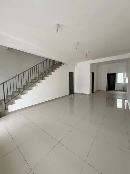 Room features: white painted walls, polished ceramic tile flooring, staircase with metal railing, recessed downlights, multiple doorways, open layout, large windows for natural light; style: modern.