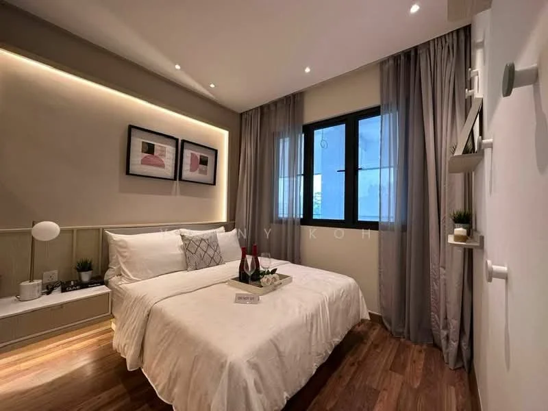 Bedroom features: queen-size bed with white bedding, upholstered headboard, two framed artworks on the wall, wooden flooring, floor-to-ceiling window with sheer curtains, wall-mounted shelf with decorative plants, bedside lamp, recessed downlights, grey curtains, decorative throw pillows; style: modern; view: city.