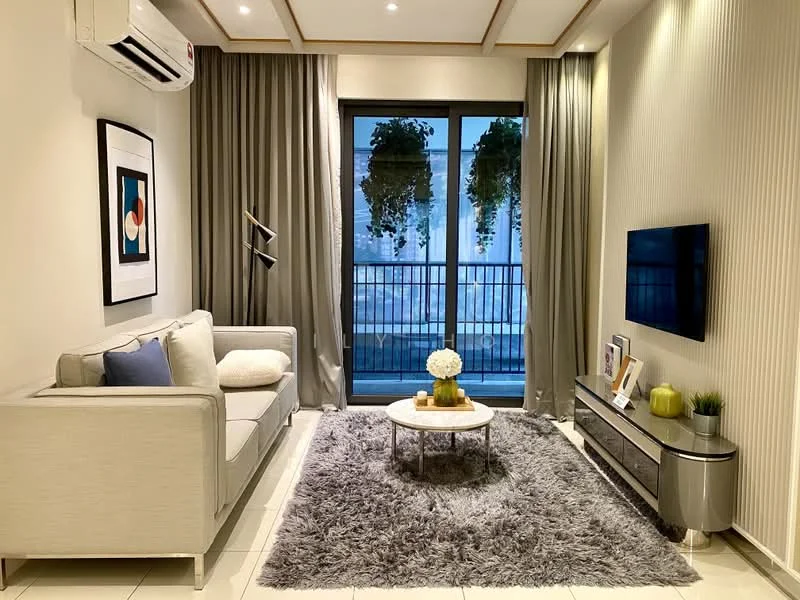 Living features: light grey fabric sofa, decorative cushions in blue and white, round coffee table with metallic base, area rug with shaggy texture, wall-mounted flat-screen TV, media console with drawers, floor-to-ceiling windows, sheer curtains, hanging plants, recessed downlights, crown moulding, white painted walls, tile flooring; style: modern; view: city.