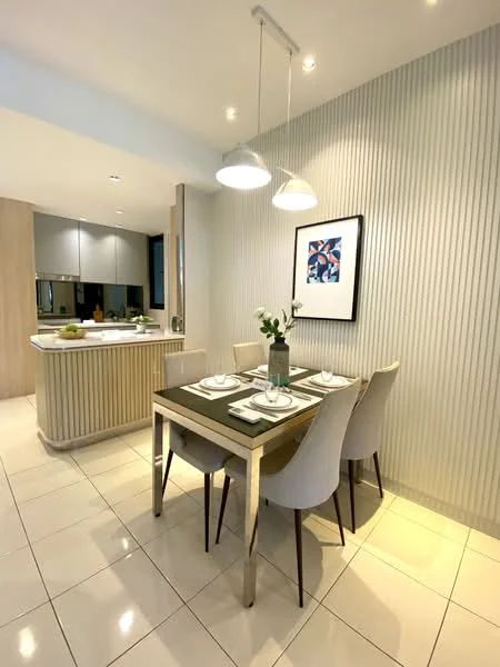 Dining features: 4-seater dining table with metallic legs, upholstered dining chairs in light grey, pendant lighting above the table, white walls with vertical paneling, ceramic tile flooring, decorative artwork on the wall, vase with flowers on the table, open kitchen visible in the background; style: modern.