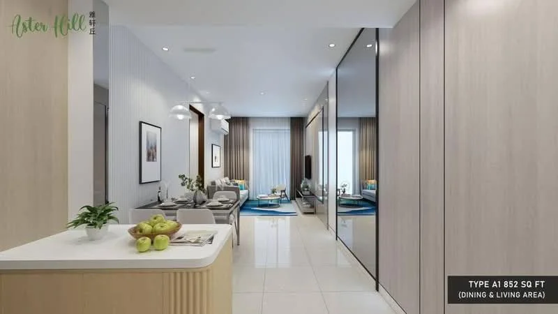 Living features: white painted walls, light grey accent wall, marble tile flooring, recessed downlights, pendant lamps, floor-to-ceiling windows, sheer curtains, area rug with geometric pattern, coffee table, sofa in blue fabric, decorative plants in ceramic pots, framed artwork, open shelving, built-in cabinets; style: modern; view: city. Dining features: 6-seater dining table, upholstered dining chairs, pendant lighting above table, open shelving, decorative mirror; style: modern; view: city.