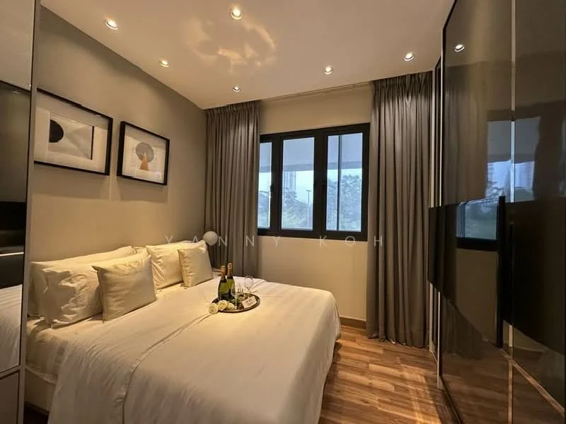 Bedroom features: queen-size bed with white bedding, upholstered headboard, two bedside tables, framed artwork on walls, floor-to-ceiling windows, grey curtains, wooden flooring, wall-mounted TV, decorative items on bedside tables, recessed downlights; style: modern; view: city.