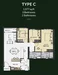 Floor plan: 2-bedroom 2-bathroom unit; features: open-plan kitchen-dining-living, master bedroom with ensuite bathroom, balcony off living room, utility room, central foyer, 1 car porch, 1,177 sqft built-up.