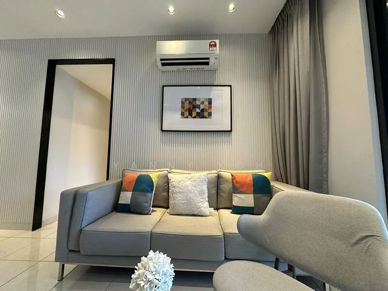 Living features: 3-seater fabric sofa in grey, decorative cushions in multiple colors, coffee table, wall-mounted split AC, recessed downlights, textured wall paneling, large window with sheer curtains, ceramic tile flooring; style: modern.