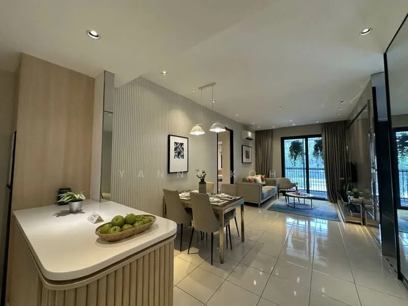 Living features: white walls, recessed downlights, sliding glass door, floor-to-ceiling windows, grey sofa, coffee table, area rug, dining table for four, pendant lamps, light wood cabinetry, ceramic tile flooring, greenery view; style: modern; view: garden. Kitchen features: white cabinetry, marble countertop, stainless-steel sink, chrome pull-down faucet, built-in appliances; style: modern.