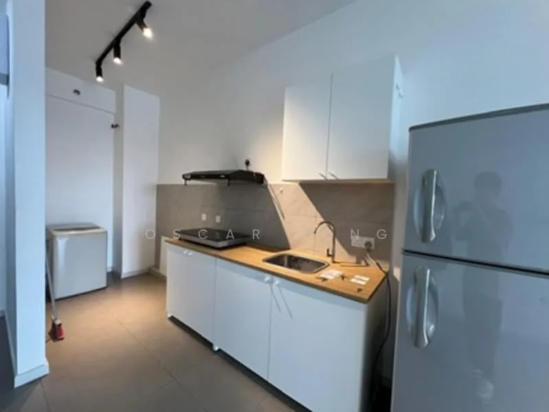 Kitchen features: white shaker cabinets, wood countertop, stainless-steel sink, chrome pull-down faucet, built-in stove with hood, stainless-steel fridge, grey tile backsplash, grey tile flooring, recessed downlights; style: modern.