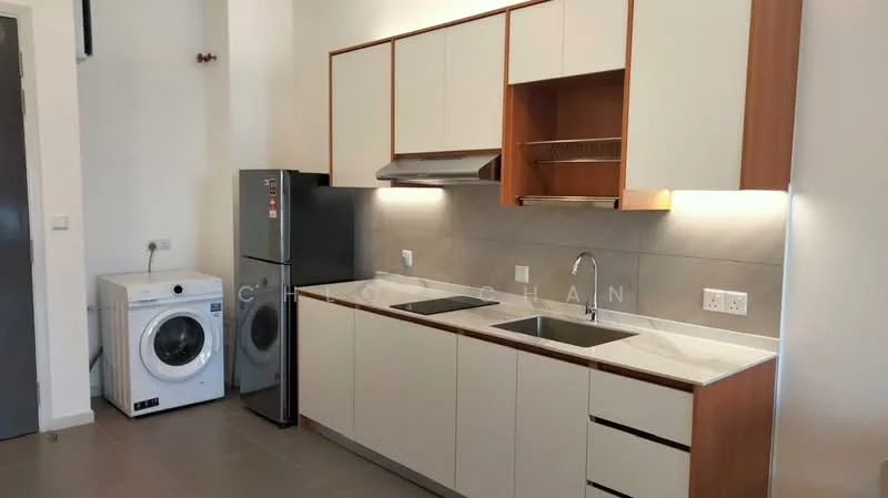 Kitchen features: white cabinetry with wood accents, marble countertop, single-bowl stainless-steel sink, chrome pull-down faucet, built-in oven, stainless-steel fridge, front-load washing machine, tile backsplash, recessed downlights, grey tile flooring; style: modern.