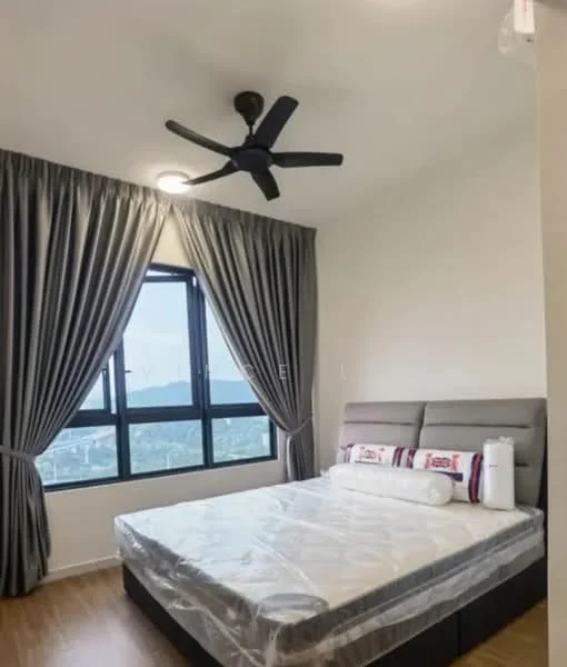 Bedroom features: queen-size bed, upholstered headboard, floor-to-ceiling window, blackout curtains, 5-blade ceiling fan with light, wooden flooring, decorative pillows, wall-mounted artwork; style: modern; view: city.