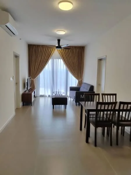 Living features: light beige tiled flooring, white painted walls, 5-blade ceiling fan with light, wall-mounted TV, brown wooden TV console, brown fabric sofa, coffee table, dining table with four chairs, floor-to-ceiling windows with sheer curtains, curtains in light brown, air conditioning unit; style: modern.