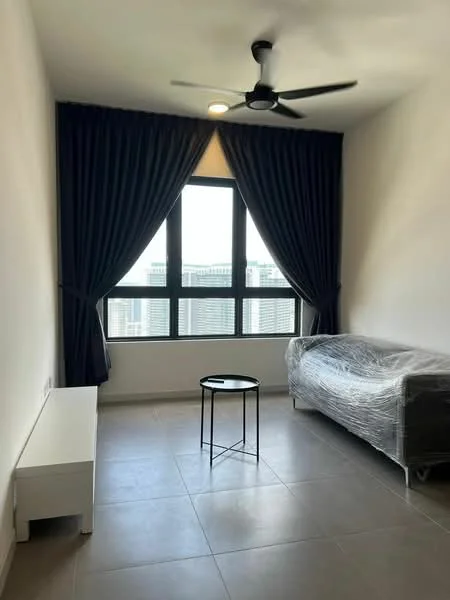 Living features: floor-to-ceiling windows, blackout curtains, 5-blade ceiling fan with light, grey sofa, small round coffee table, white console table, light grey tiled flooring, white painted walls; style: modern; view: city.
