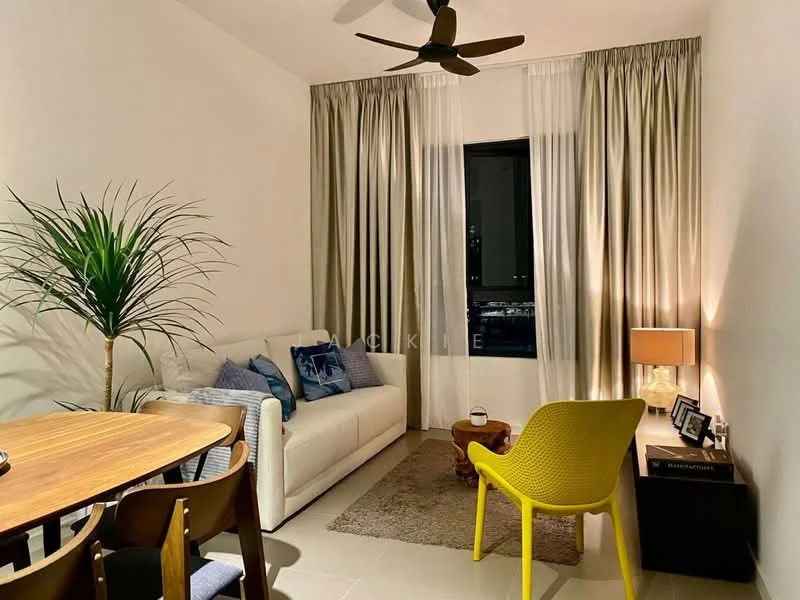 Living features: 3-seater fabric sofa in white, yellow accent chair, wooden dining table for 4, brown wooden chairs, area rug with neutral color, floor-to-ceiling window, sheer curtains, blackout curtains, ceiling fan, table lamp with beige shade, decorative plant in pot, wall-mounted photo frame; style: modern; view: city.