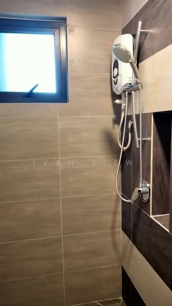 Bathroom features: shower with handheld showerhead, wall-mounted shower mixer, window for natural light, grey tiled walls, dark accent wall, built-in niche for toiletries, non-slip floor tiles, modern design; style: modern.