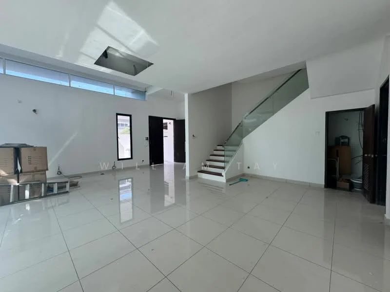 Living features: white painted walls, glossy ceramic tile flooring, large floor-to-ceiling windows, staircase with glass railing, recessed ceiling with skylight, open layout, neutral color scheme, no visible furniture; style: modern.