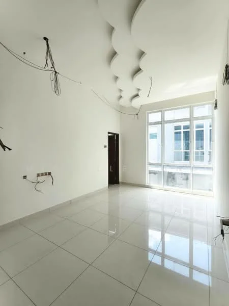 Room features: white painted walls, glossy tile flooring, tray ceiling with decorative design, floor-to-ceiling windows, exposed electrical wiring, natural light from windows; style: modern.