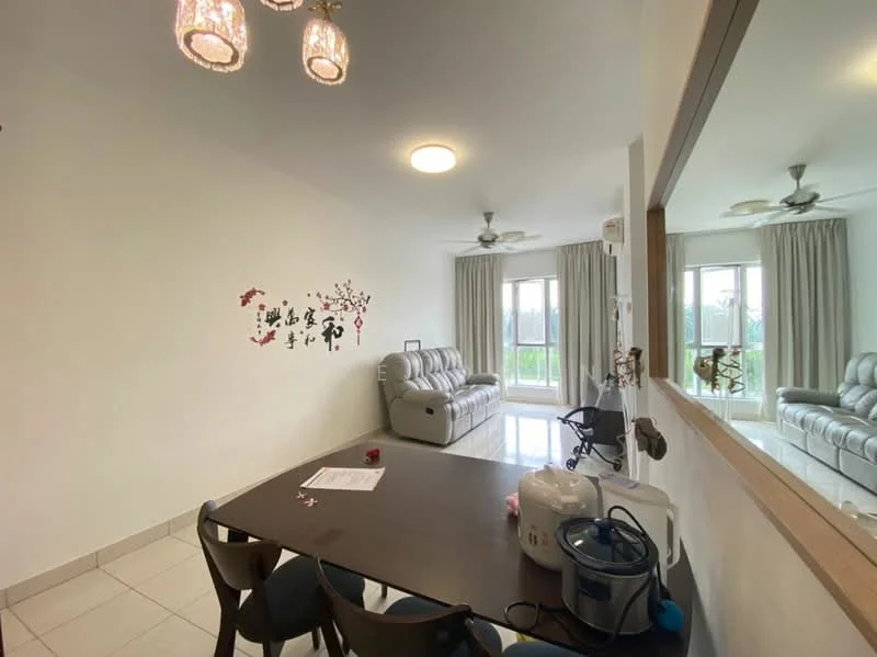 Dining features: rectangular dining table, 4 dining chairs, light-colored walls, white ceiling, 2 ceiling fans, large windows with sheer curtains, grey leather sofa, decorative wall art, tiled flooring, mirror on wall; style: modern; view: garden.
