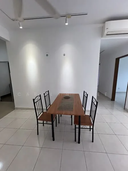 Dining features: white painted walls, tile flooring, 4-seater dining table, black metal dining chairs, ceiling fan, wall-mounted split AC, decorative centerpiece on table, recessed lighting; style: modern.