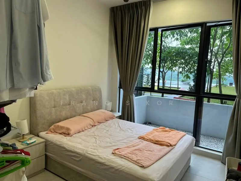 Bedroom features: queen-size bed with upholstered headboard, light grey bedding, two pink towels on bed, floor-to-ceiling windows, curtains in dark grey, built-in wardrobe with sliding doors, white painted walls, laminate flooring, decorative plants visible outside window; style: modern; view: garden.