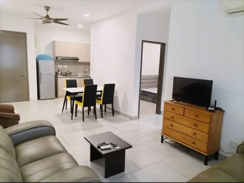 Living features: 3-seater leather sofa in grey, coffee table, TV console, wall-mounted TV, ceiling fan, tile flooring, white painted walls, recessed downlights; style: modern. Kitchen features: stainless-steel fridge, built-in oven, 4-burner gas hob, kitchen cabinets, countertop, sink, tile backsplash, open shelving; style: modern. Dining features: 4-seater dining table with yellow chairs; style: modern. Room features: bedroom visible in background.