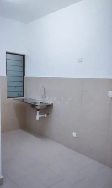 Laundry features: single-bowl stainless-steel sink, chrome faucet, light beige tiled walls, white painted walls, light beige floor tiles, window with horizontal slats, drainage pipe visible, wall-mounted faucet; style: modern.