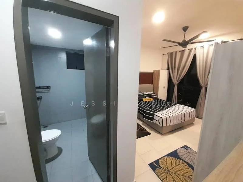 Bedroom features: queen-size bed with striped bedding, upholstered headboard, 2 bedside lamps, floor-to-ceiling windows, curtains, ceiling fan with light, area rug with geometric pattern, built-in wardrobe; style: modern; view: city. Bathroom features: one-piece toilet, sink with chrome faucet, tiled flooring, shower area, window, tiled walls; style: modern.