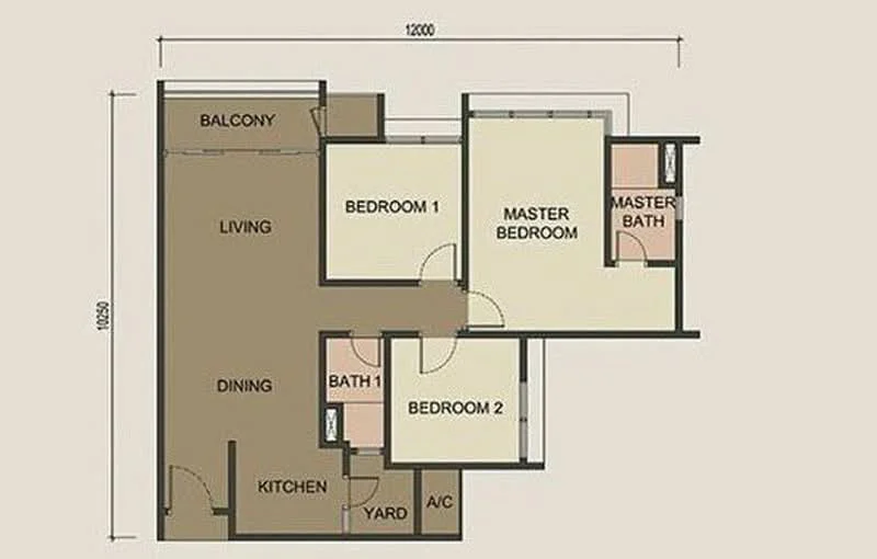 Floor plan: 3-bedroom 2-bathroom unit; features: open-plan kitchen-dining-living, master bedroom with ensuite bathroom, balcony off living room, utility room, yard area, central foyer.