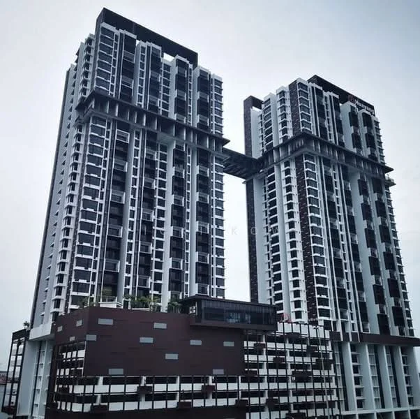 Exterior type: high-rise condominium; features: glass curtain wall, white painted facade, dark brown accent panels, recessed balconies, multiple storeys, modern architectural design, landscaped rooftop terrace, elevated connection between towers; style: modern.