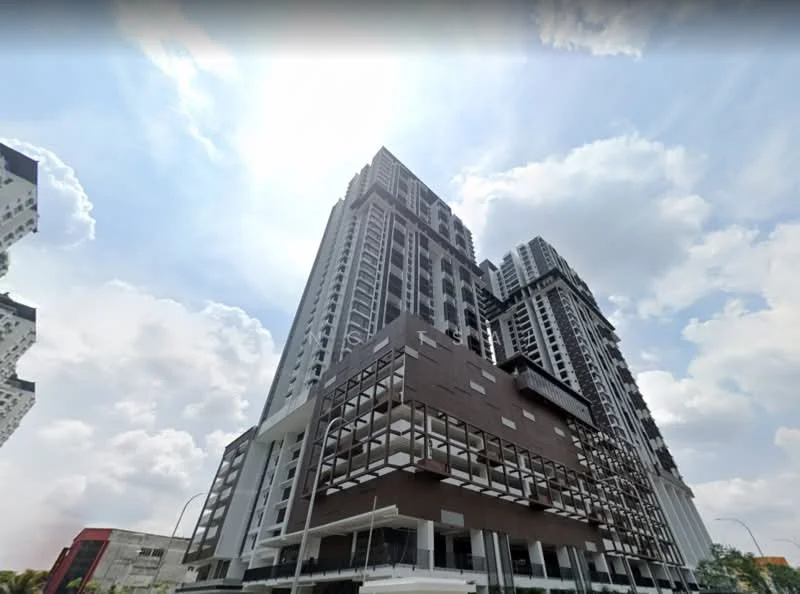 Exterior type: high-rise condominium; features: glass curtain wall, exposed concrete facade, projecting balconies, vertical fins, feature lighting at night, approximately 30-storey high-rise, manicured landscaping, surrounded by mature greenery; style: modern.