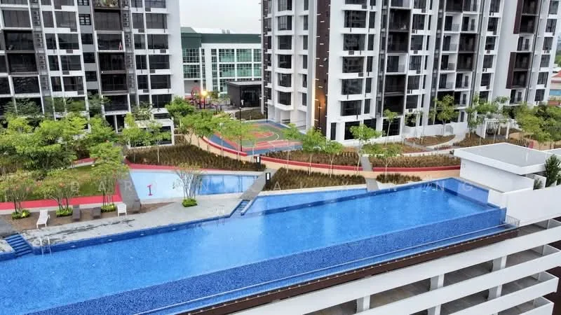 Exterior type: high-rise condominium; features: infinity pool, pool deck with loungers, landscape garden, children's playground, basketball court, manicured lawn, mature trees, surrounded by greenery, modern architectural design, multiple residential blocks; style: modern.