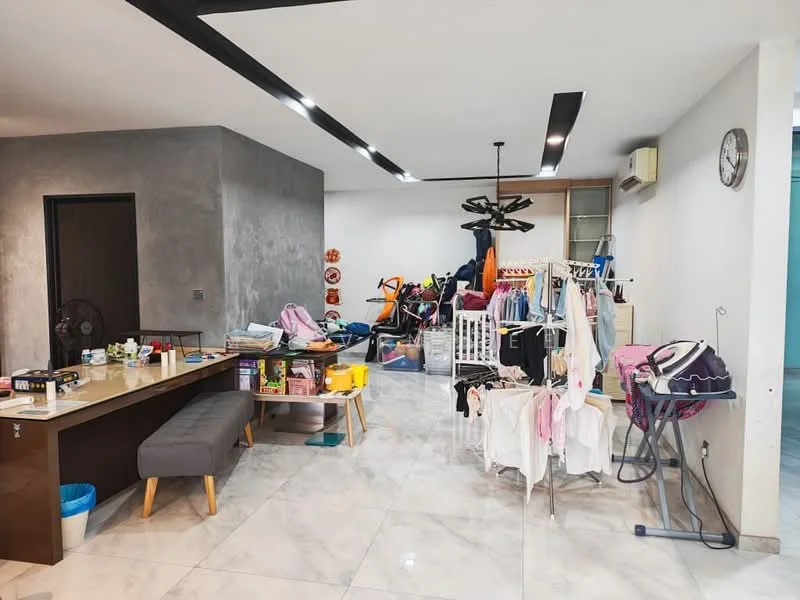 Room features: grey accent wall, white painted walls, marble tile flooring, ceiling with recessed downlights, ceiling fan, large window, clothes drying rack, various children's toys, dining table with chairs, storage cabinets, laundry items, exercise equipment; style: modern.