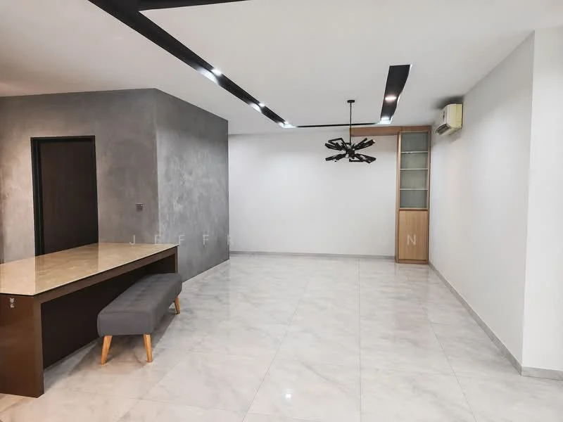 Living features: grey accent wall, white painted walls, marble tile flooring, 5-blade ceiling fan with light, recessed downlights, wall-mounted air conditioning unit, open shelving unit, kitchen island with countertop, grey upholstered bench; style: modern.