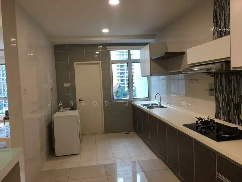 Kitchen features: white cabinets, grey tiled backsplash, stainless-steel sink, chrome pull-down faucet, 4-burner gas hob, built-in oven, white walls, tile flooring, window with city view, washing machine, countertop with overhang; style: modern; view: city.