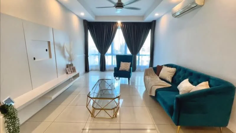 Living features: teal fabric sofa, single accent chair in blue, gold geometric coffee table, white TV console, large floor-to-ceiling windows, grey curtains, recessed ceiling lights, wall-mounted air conditioning unit, glossy tile flooring, decorative throw pillows; style: modern.