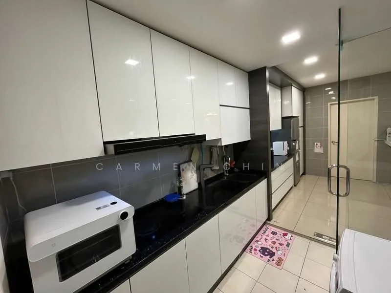 Kitchen features: white high-gloss cabinetry, black granite countertop, built-in microwave, stainless-steel sink, chrome pull-down faucet, ceramic tile flooring, recessed downlights, glass splashback, integrated refrigerator, kitchen island, decorative rug, wall-mounted cabinets; style: modern.