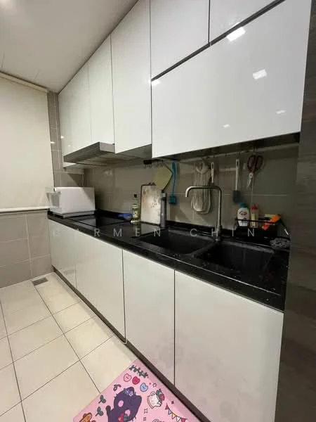 Kitchen features: white flat-panel cabinets, black granite countertop, double-bowl stainless-steel sink, chrome pull-down faucet, built-in microwave, kitchen utensils hanging on wall, tile backsplash, white tiled flooring, window with roller blinds, pink area rug; style: modern.