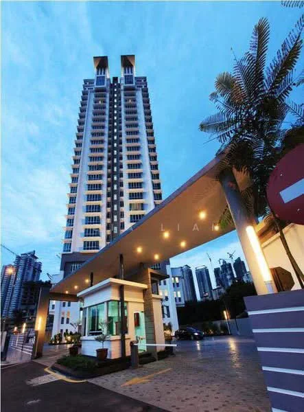 Exterior type: high-rise condominium; features: glass curtain wall, white painted facade, double-volume main lobby, feature lighting at night, guard house at entrance, surrounded by mature greenery; style: modern.