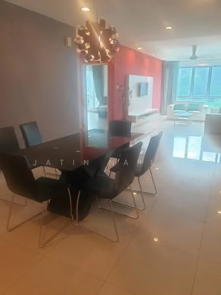 Dining features: 6-seater dining table, black glass tabletop, metal legs, upholstered dining chairs in black, pendant light fixture, white walls, grey accent wall, large windows with city view, tile flooring, recessed ceiling lights, open layout to living area; style: modern; view: city. Living features: sofa set in white, coffee table, TV console, wall-mounted TV, large windows, curtains, tile flooring, recessed ceiling lights; style: modern; view: city.