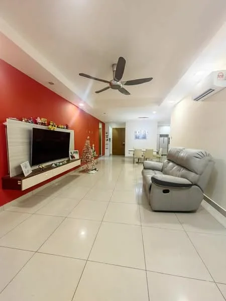 Living features: grey leather recliner sofa, wall-mounted TV, white entertainment unit, red accent wall, white painted walls, recessed downlights, ceiling fan, marble tile flooring, decorative Christmas tree, dining area visible in background, air conditioning unit; style: modern.