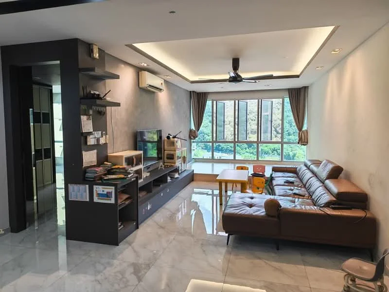 Living features: 3-seater leather sofa in brown, coffee table, TV console, wall-mounted TV, floor-to-ceiling windows, curtains, recessed downlights, marble tile flooring, ceiling fan, decorative wall with grey paint, open shelving, area rug; style: modern; view: garden.