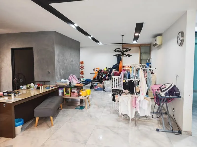 Room features: grey accent wall, white painted walls, marble tile flooring, recessed LED downlights, ceiling fan, wall-mounted air conditioning unit, clothes drying rack, various children's toys, dining table with chairs, sofa, storage shelves, laundry items, decorative wall clock; style: modern.