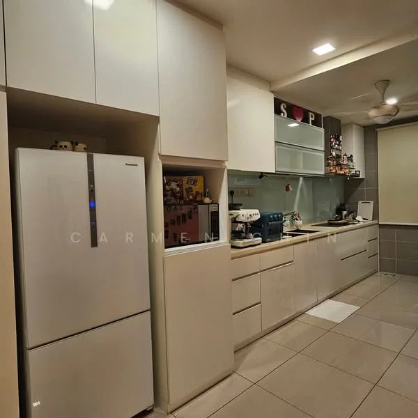 Kitchen features: white cabinetry, stainless-steel fridge, built-in oven, ceramic tile flooring, white countertop, glass backsplash, recessed downlights, ceiling fan, open shelving, decorative items on shelves, kitchen appliances, sink, wall-mounted cabinets; style: modern.