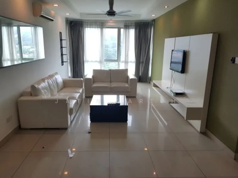 Living features: white leather 3-seater sofa, white leather 2-seater sofa, black coffee table, wall-mounted TV, white TV console, cream tiled flooring, green accent wall, floor-to-ceiling windows, sheer curtains, 5-blade ceiling fan with light, recessed downlights; style: modern; view: city.