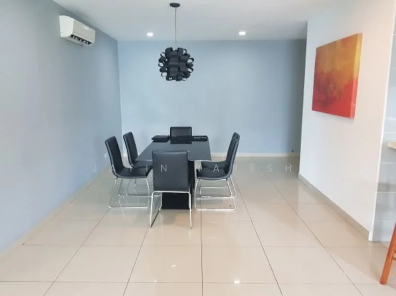 Dining features: 6-seater dining table, black leather dining chairs, pendant light fixture, wall-mounted split AC, grey painted walls, cream tiled flooring, abstract artwork on wall, recessed lighting; style: modern.
