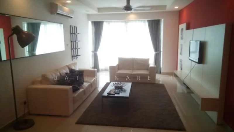 Living features: white leather sofa, 2-seater sofa, area rug in grey, coffee table with decorative items, wall-mounted TV, floating TV console, floor lamp, ceiling fan, curtains, large windows with natural light, accent wall in red, mirrored wall, tiles flooring; style: modern.