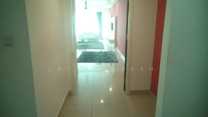 Room features: glossy tile flooring, white painted walls, red accent wall, recessed lighting, doorway leading to living area, natural light from windows, neutral color palette, area rug; style: modern.