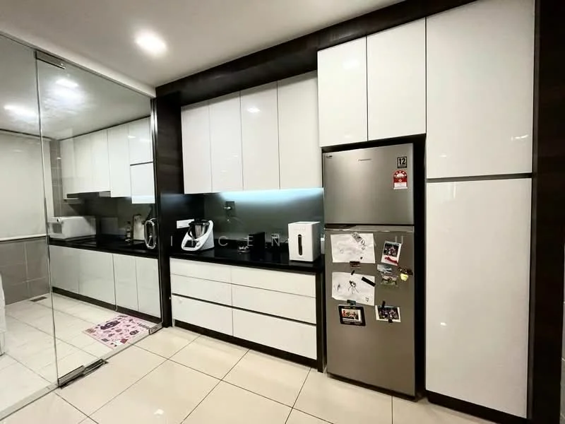 Kitchen features: white high-gloss cabinetry, black countertop, stainless-steel fridge, built-in microwave, kettle, toaster, ceramic tile flooring, glass splashback, recessed downlights, wall-mounted cabinets, open shelving, decorative magnets on fridge; style: modern.