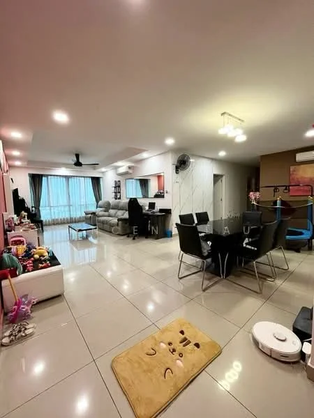 Living features: grey L-shape sectional sofa, 3-seater fabric sofa in beige, black dining table with 6 chairs, white coffee table, large windows with sheer curtains, ceiling fan, recessed downlights, polished tile flooring, decorative wall art, area rug with animal design, TV console, wall-mounted TV, decorative plants; style: modern.