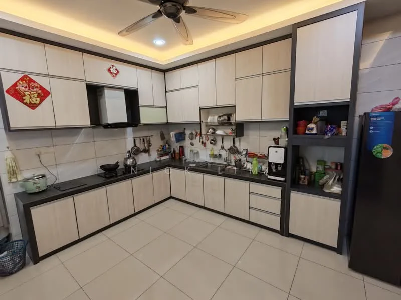 Kitchen features: L-shaped kitchen layout, light wood cabinetry, black countertop, stainless-steel sink, chrome pull-down faucet, built-in oven, freestanding range oven, microwave, refrigerator, ceramic tile flooring, recessed downlights, wall-mounted cabinets, open shelving, decorative wall art, kitchen utensils and appliances visible; style: modern.