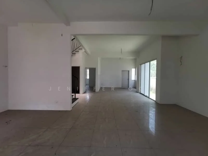 Room features: white painted walls, plain ceiling, large windows, sliding glass door, tile flooring, open layout, natural light, no visible furniture; style: modern; view: garden.